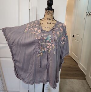 Johnny Was Lavender Embroidered Floral & Bird Tunic
